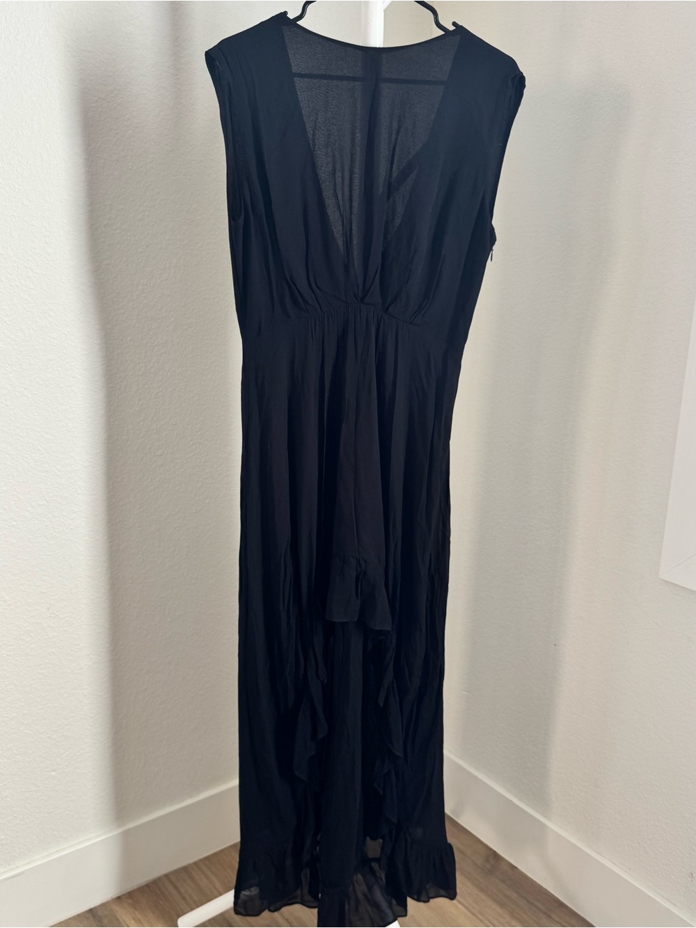 The Kooples Long Draped Black Sleeveless High-Low Ruffle Dress - Picture 10 of 11